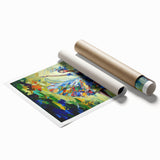 Abstract figurative wall art print showcasing vibrant colors and dynamic shapes, rolled for easy transport and display in any modern space.
