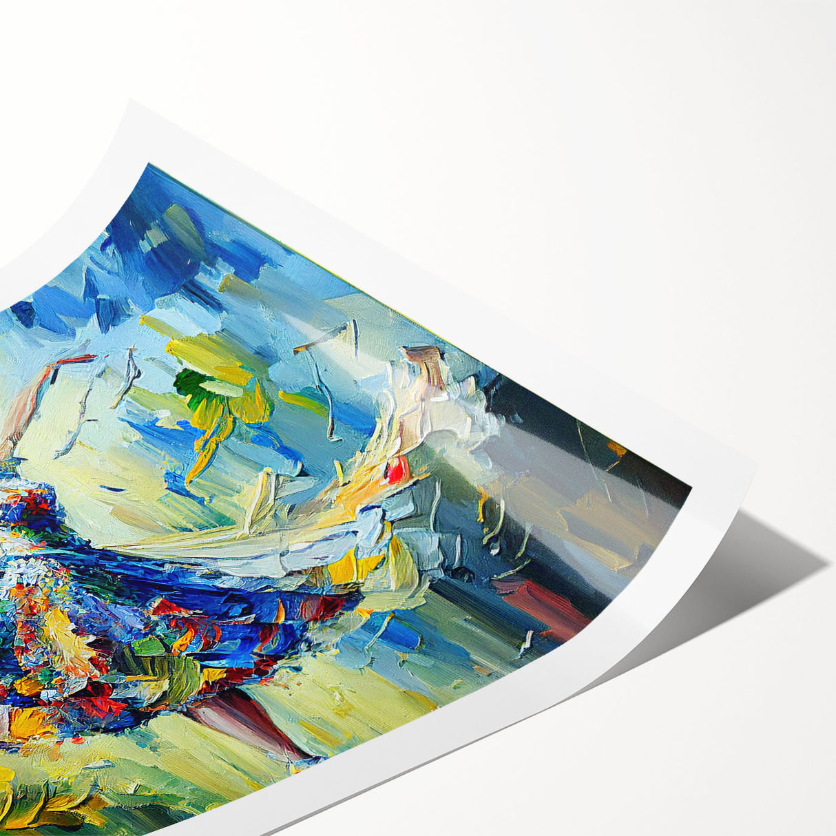 Colorful abstract figurative wall art design print showcasing dynamic shapes and patterns, ideal for contemporary home decor.