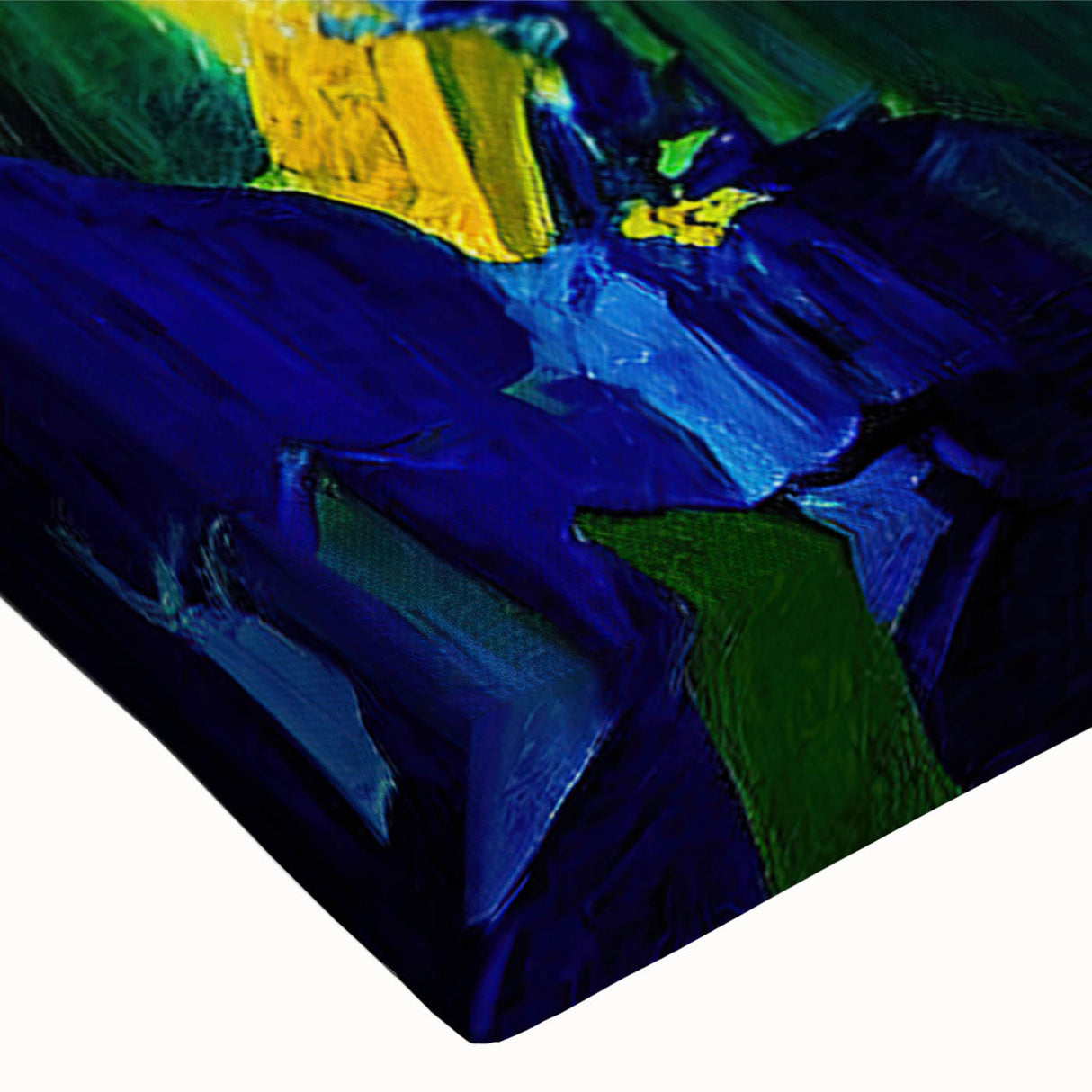 Close-up of abstract figurative wall art on stretched canvas, showcasing vibrant colors and intricate brushwork, ideal for modern decor.