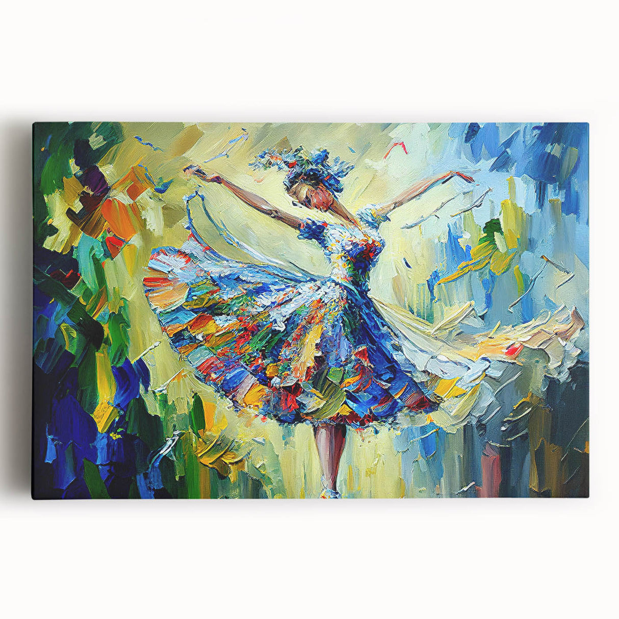 Abstract figurative wall art design on stretched canvas showcasing vibrant colors and dynamic shapes, perfect for modern home décor.
