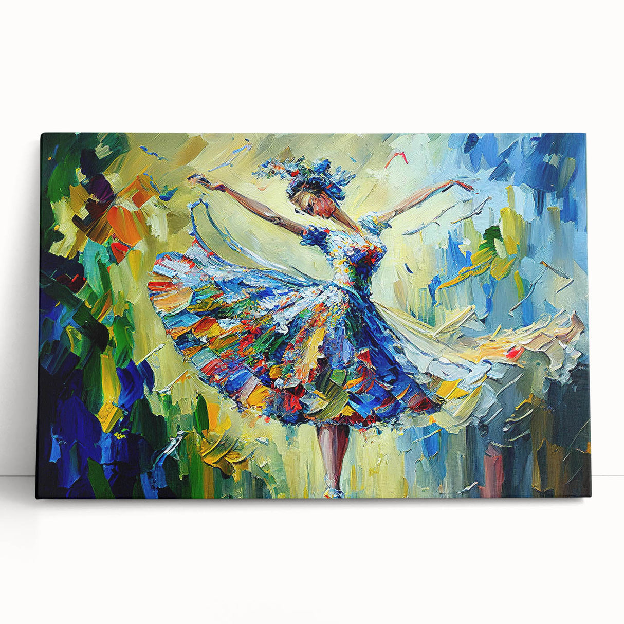 Abstract figurative wall art design on stretched canvas, showcasing vibrant colors and modern shapes, perfect for contemporary home decor.