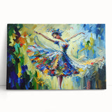 Abstract figurative wall art design on stretched canvas, showcasing vibrant colors and modern shapes, perfect for contemporary home decor.