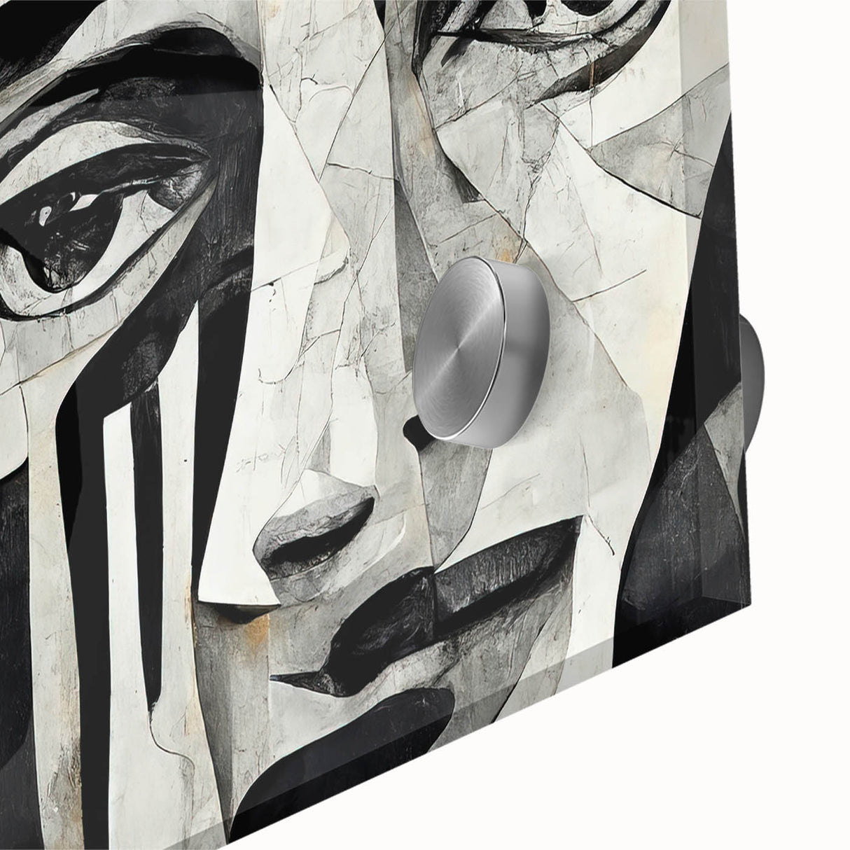 Close-up of an abstract figurative wall art piece, showcasing vibrant colors and dynamic shapes on acrylic glass, perfect for modern decor.
