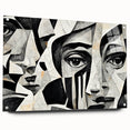 Abstract figurative wall art design showcased in an acrylic glass frame, featuring vibrant colors and unique shapes, ideal for modern decor.