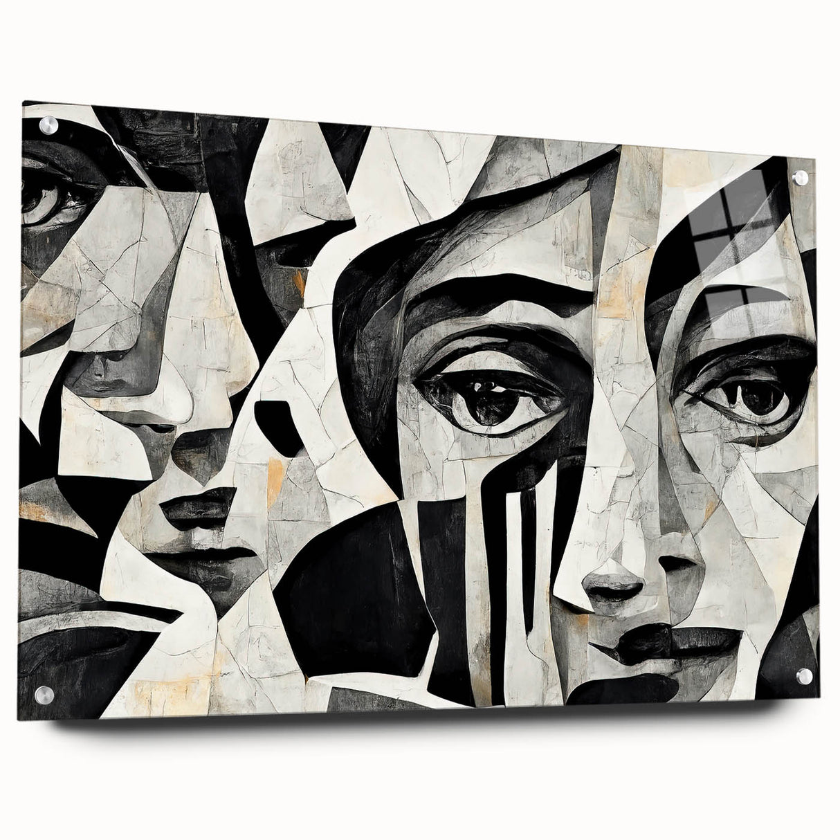 Abstract figurative wall art design showcased in an acrylic glass frame, featuring vibrant colors and unique shapes, ideal for modern decor.