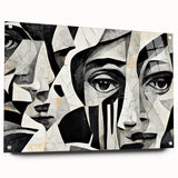 Abstract figurative wall art design showcased in an acrylic glass frame, featuring vibrant colors and unique shapes, ideal for modern decor.