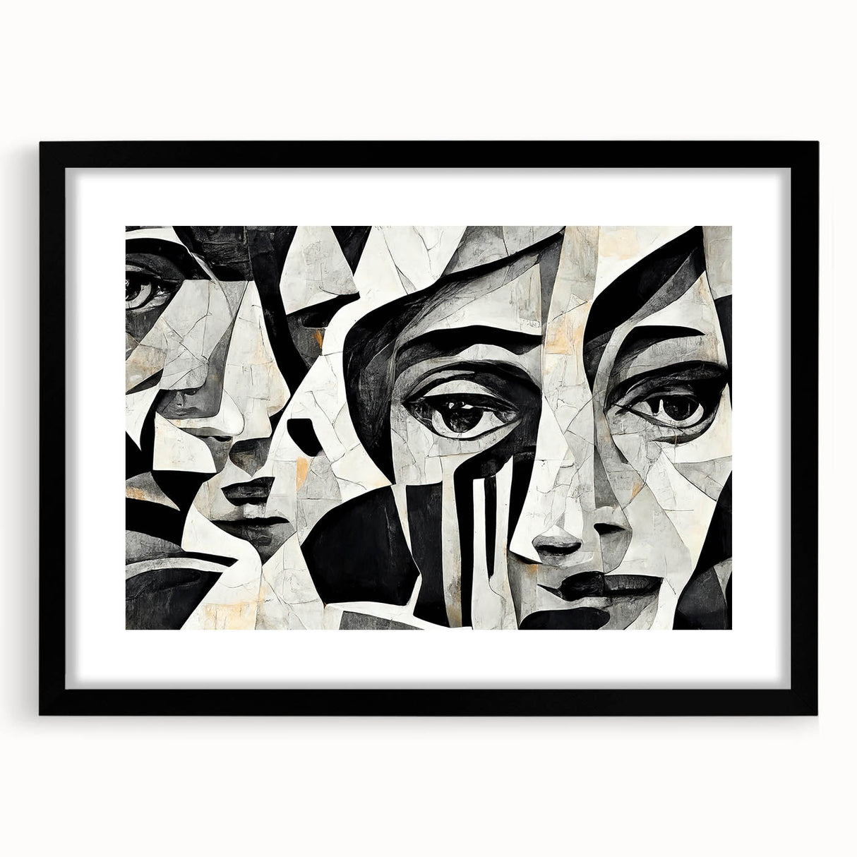 Abstract figurative wall art in a sleek black frame with a mat, showcasing vibrant colors and intricate patterns, ideal for modern decor.