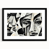 Abstract figurative wall art in a sleek black frame with a mat, showcasing vibrant colors and intricate patterns, ideal for modern decor.