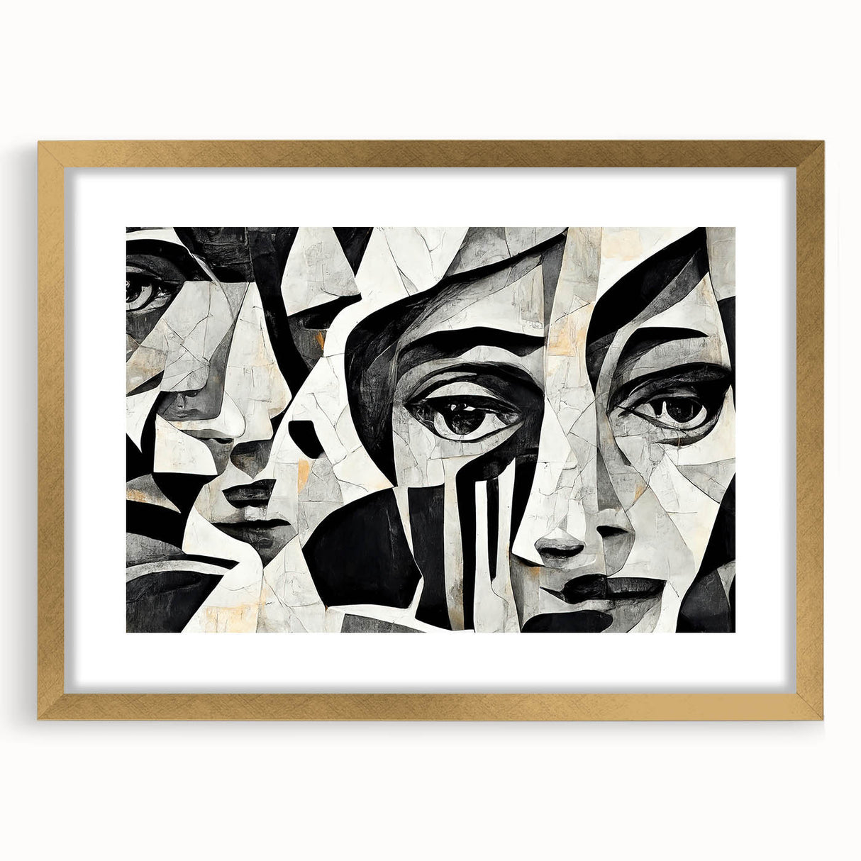 Framed abstract figurative wall art design in gold, showcasing unique shapes and vibrant colors, perfect for modern home decor.