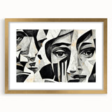 Framed abstract figurative wall art design in gold, showcasing unique shapes and vibrant colors, perfect for modern home decor.