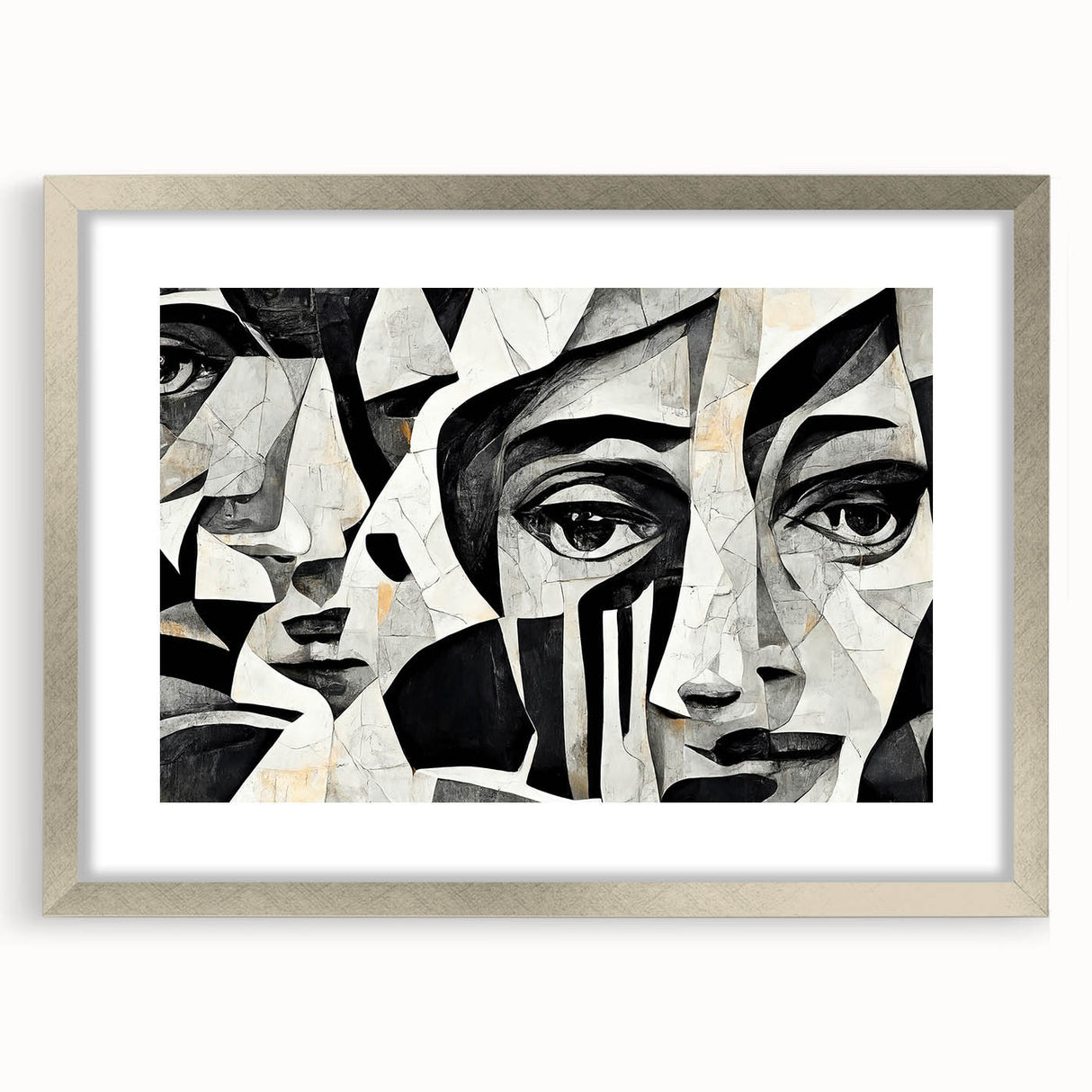 Abstract figurative wall art piece featuring a silver frame and mat, showcasing vibrant colors and modern design elements for stylish decor.