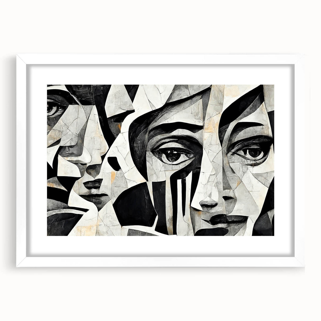 Abstract figurative wall art design in a white frame with a mat, showcasing vibrant colors and unique shapes, perfect for modern decor.