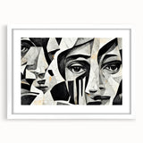 Abstract figurative wall art design in a white frame with a mat, showcasing vibrant colors and unique shapes, perfect for modern decor.