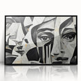Framed abstract figurative wall art design in black with vibrant colors, showcasing dynamic shapes and textures, ideal for modern decor.