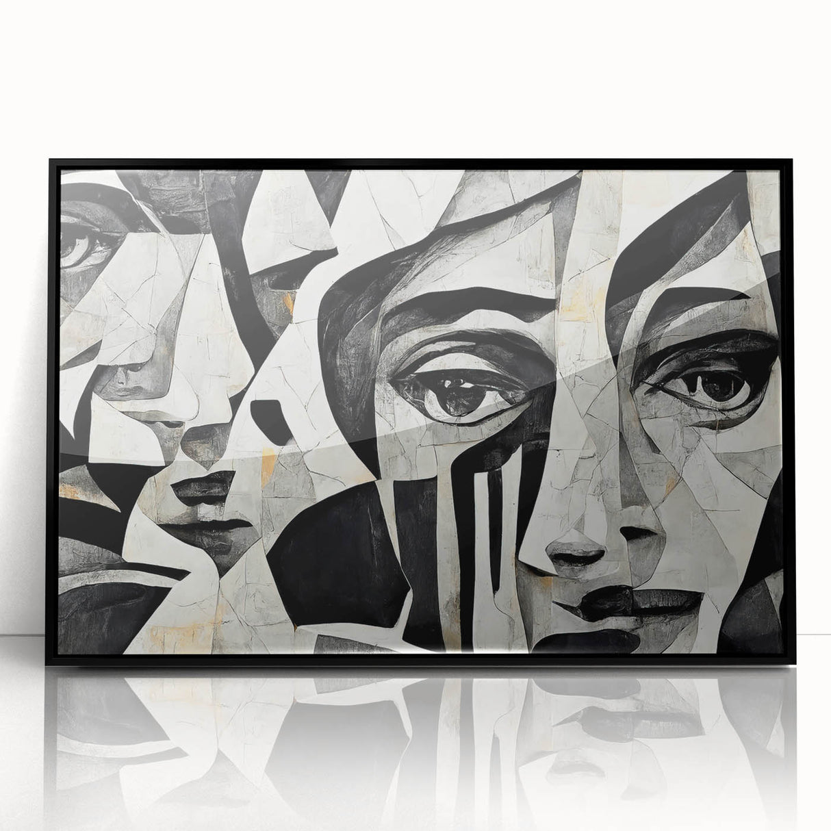 Framed abstract figurative wall art design in black with vibrant colors, showcasing dynamic shapes and textures, ideal for modern decor.