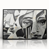 Framed abstract figurative wall art design in black with vibrant colors, showcasing dynamic shapes and textures, ideal for modern decor.