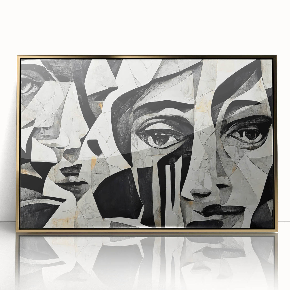 Framed abstract figurative wall art design featuring vibrant gold accents and a sleek modern aesthetic, perfect for contemporary decor.