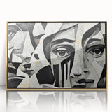 Framed abstract figurative wall art design featuring vibrant gold accents and a sleek modern aesthetic, perfect for contemporary decor.