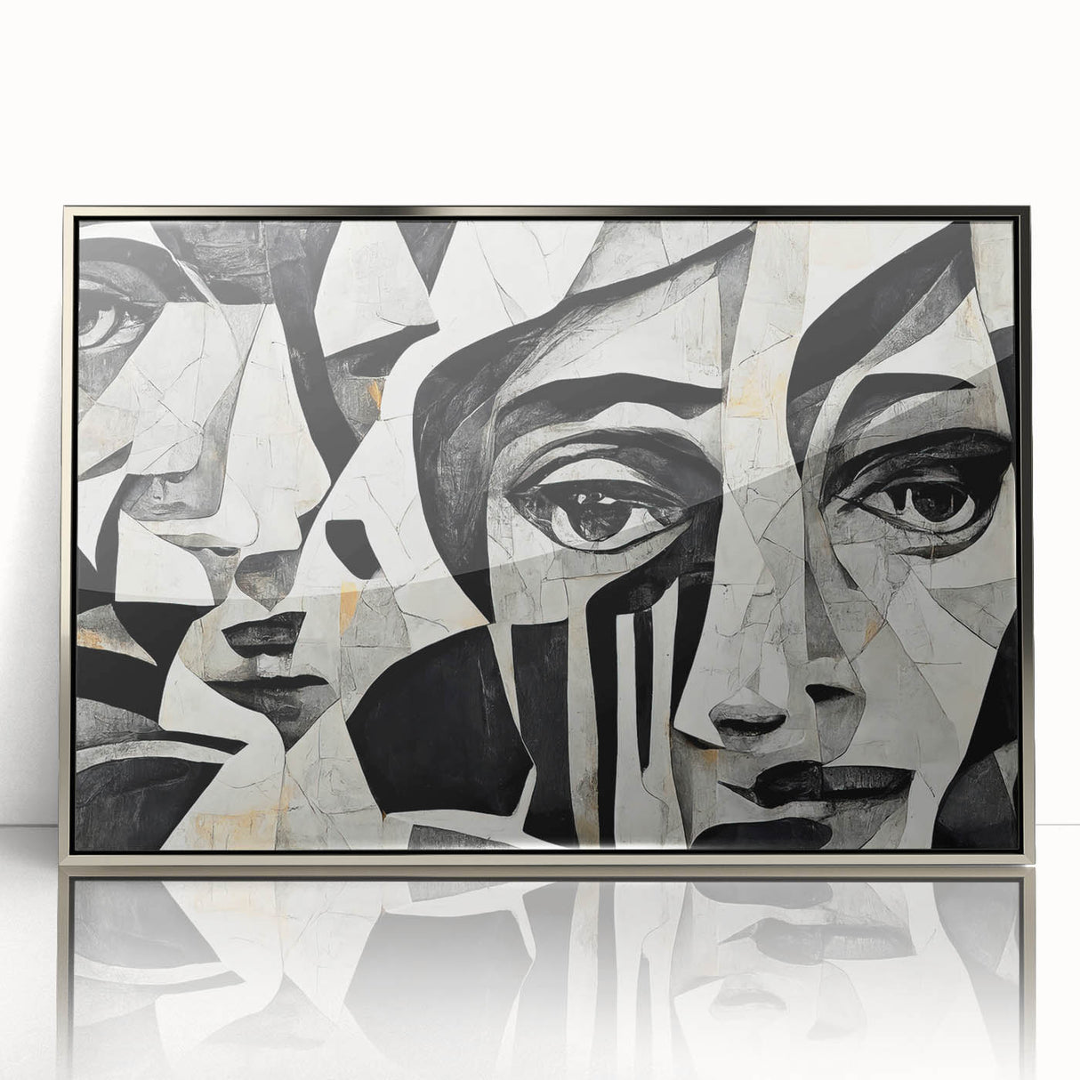 Framed abstract figurative wall art featuring vibrant colors and dynamic shapes, set in a sleek silver frame, ideal for modern decor.