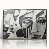 Framed abstract figurative wall art featuring vibrant colors and dynamic shapes, set in a sleek silver frame, ideal for modern decor.