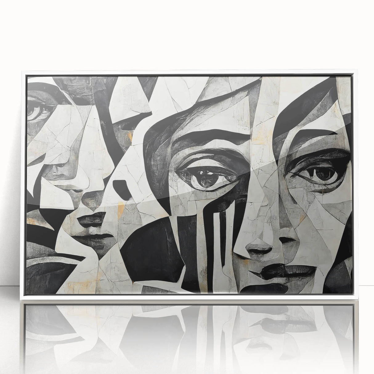 Framed abstract figurative wall art design showcasing vibrant colors and dynamic shapes, set against a sleek white frame for modern decor.