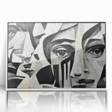 Framed abstract figurative wall art design showcasing vibrant colors and dynamic shapes, set against a sleek white frame for modern decor.