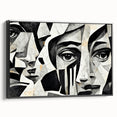Framed abstract figurative wall art design showcasing vibrant colors and unique shapes, displayed in a sleek black frame, side view.