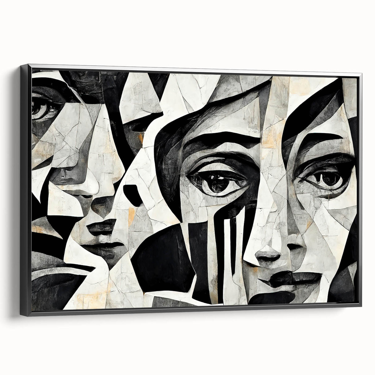 Framed abstract figurative wall art design showcasing vibrant colors and unique shapes, displayed in a sleek black frame, side view.
