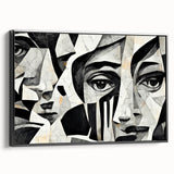 Framed abstract figurative wall art design showcasing vibrant colors and unique shapes, displayed in a sleek black frame, side view.