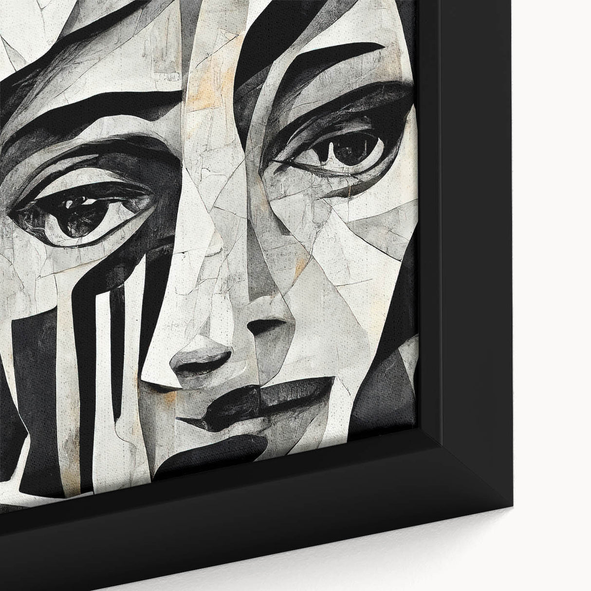 Close-up of an abstract figurative wall art canvas showcasing vibrant colors and intricate designs, elegantly framed for home decor enhancement.