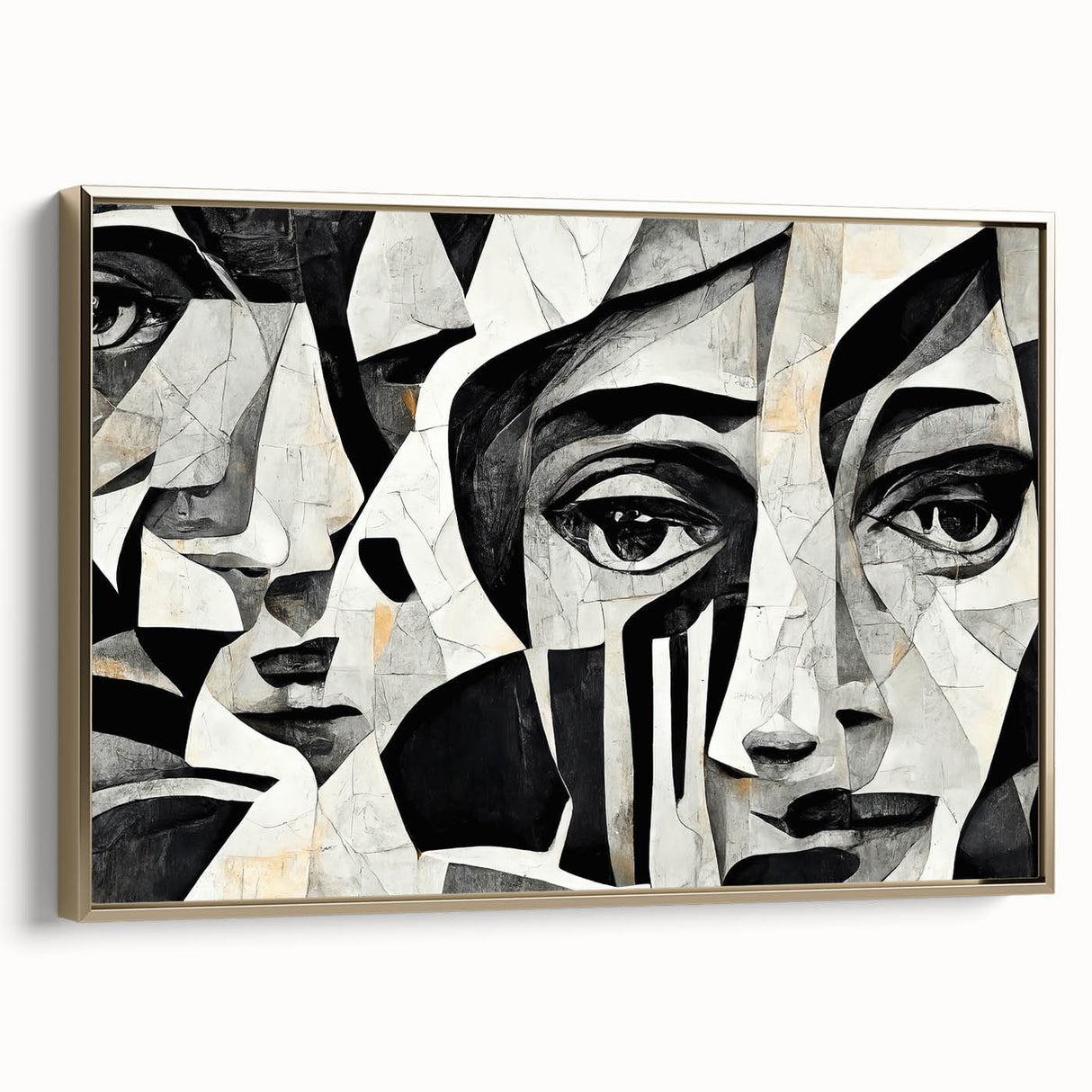 Framed abstract figurative wall art in gold tones, showcasing a unique design with flowing shapes, perfect for modern decor enhancement.