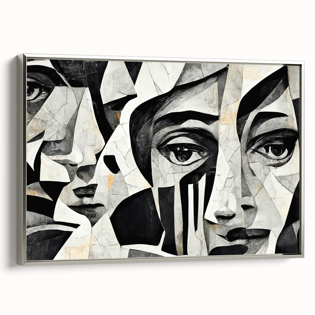 Framed abstract figurative wall art collection showcasing a silver-toned design, side view emphasizes sleek lines and modern aesthetics.