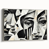 Framed abstract figurative wall art collection showcasing a silver-toned design, side view emphasizes sleek lines and modern aesthetics.