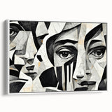 Framed abstract figurative wall art in a modern white frame, showcasing vibrant colors and dynamic shapes, perfect for contemporary decor.