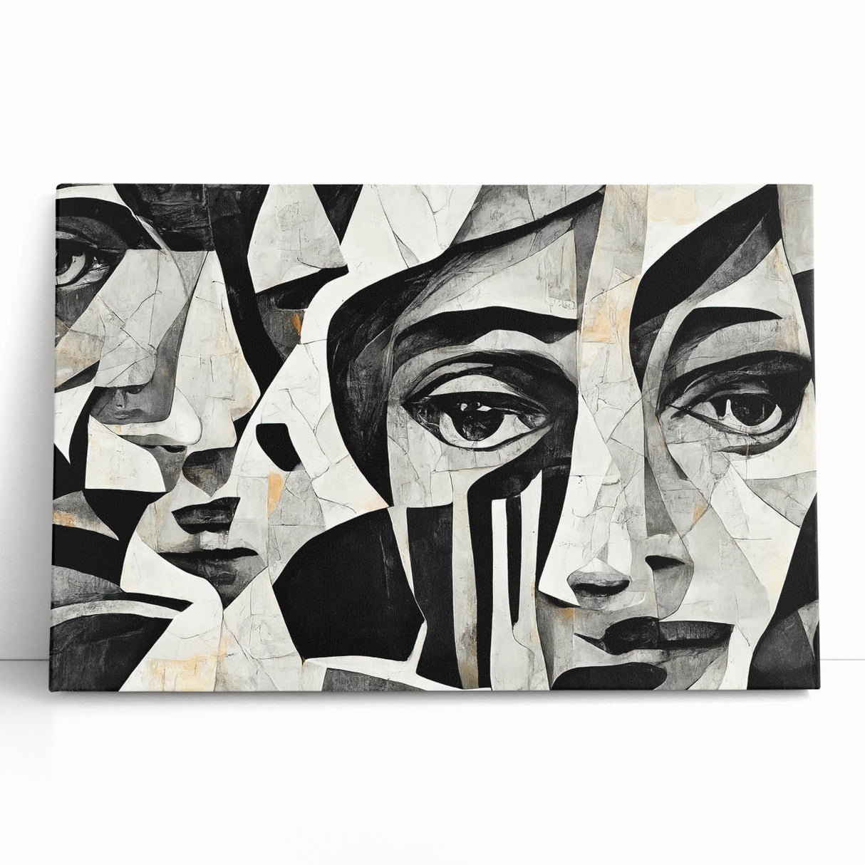 Abstract figurative wall art design on stretched canvas, showcasing vibrant colors and dynamic shapes, perfect for modern home decor.