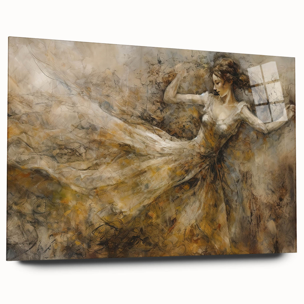 Abstract figurative wall art collection displayed in a sleek acrylic glass frame, showcasing vibrant colors and dynamic shapes, ideal for modern decor.