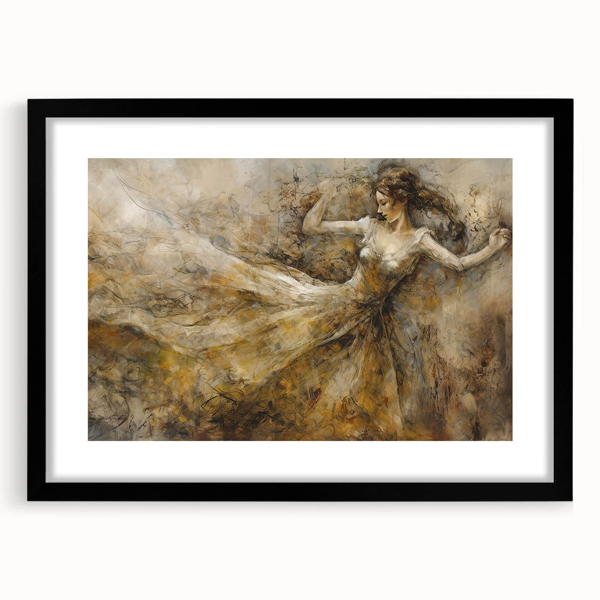 Abstract figurative wall art with a black frame and mat, showcasing vibrant colors and dynamic shapes, perfect for modern decor.