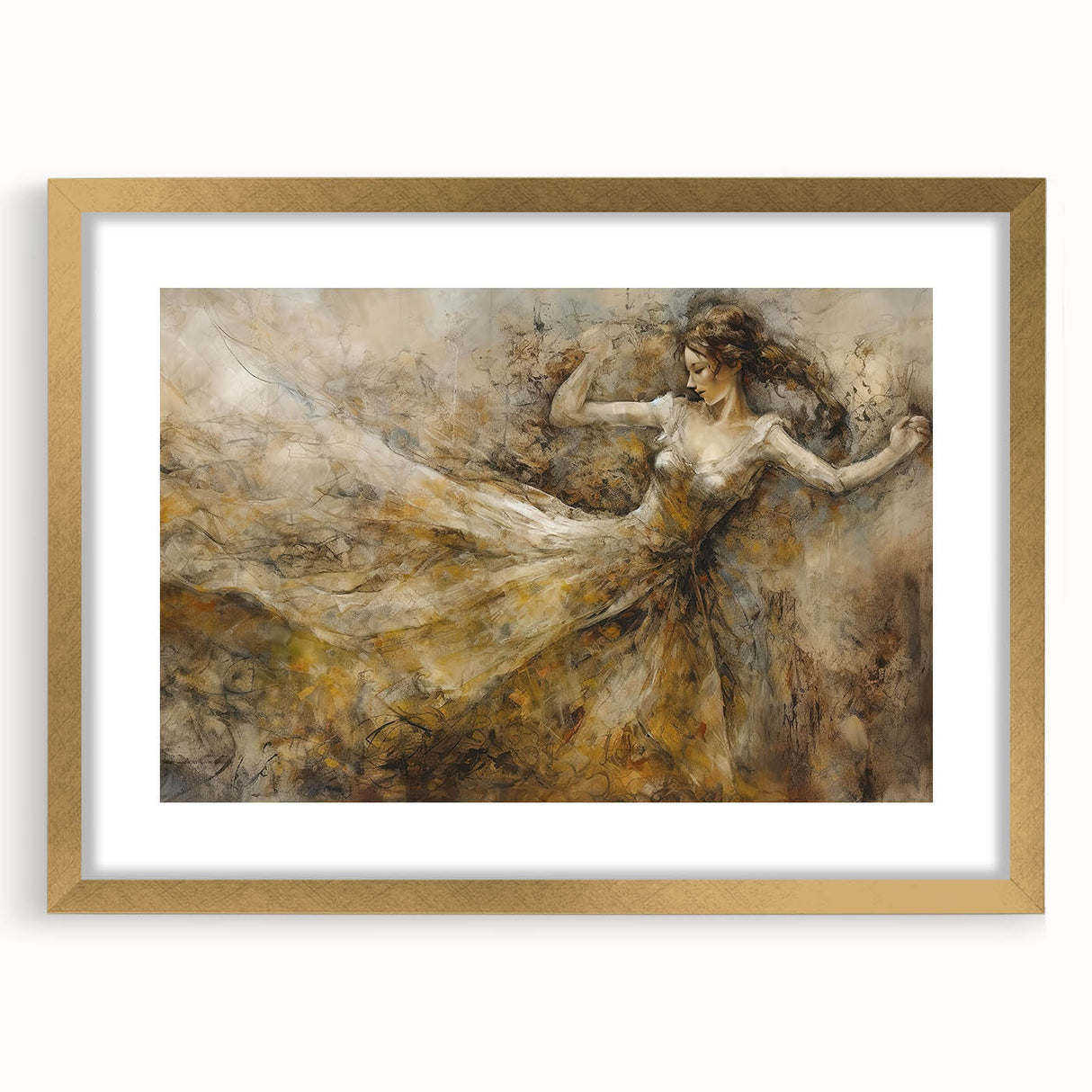 Abstract figurative wall art piece featuring a gold frame and mat, showcasing vibrant colors and unique shapes, perfect for modern decor.