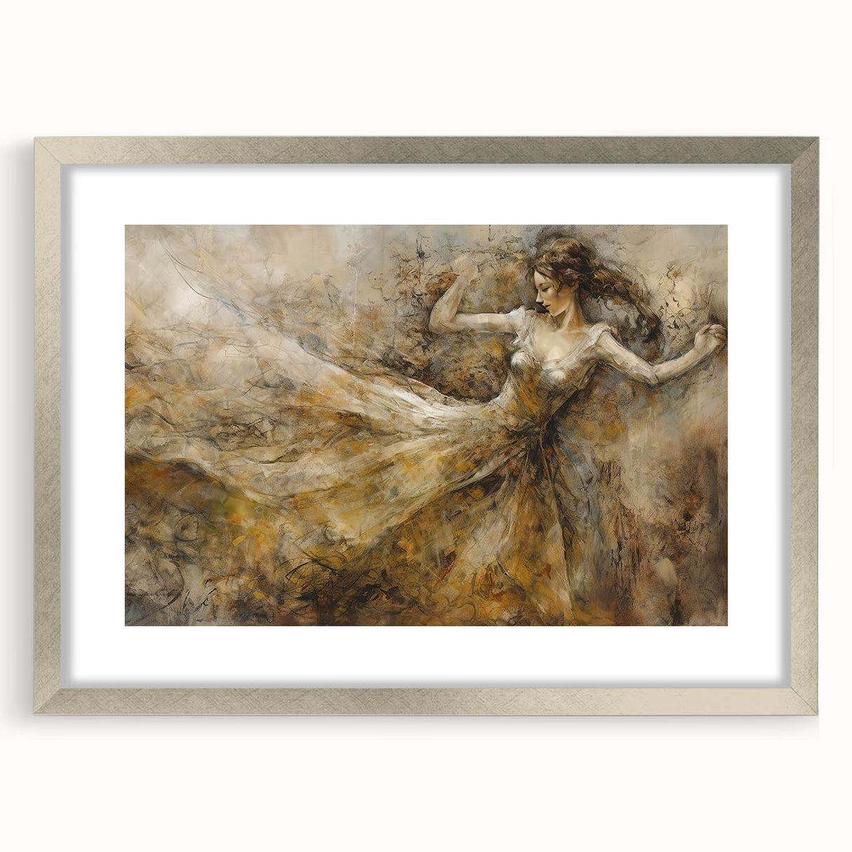 Abstract figurative wall art collection in a sleek silver frame with matting, showcasing vibrant colors and dynamic shapes for modern decor.