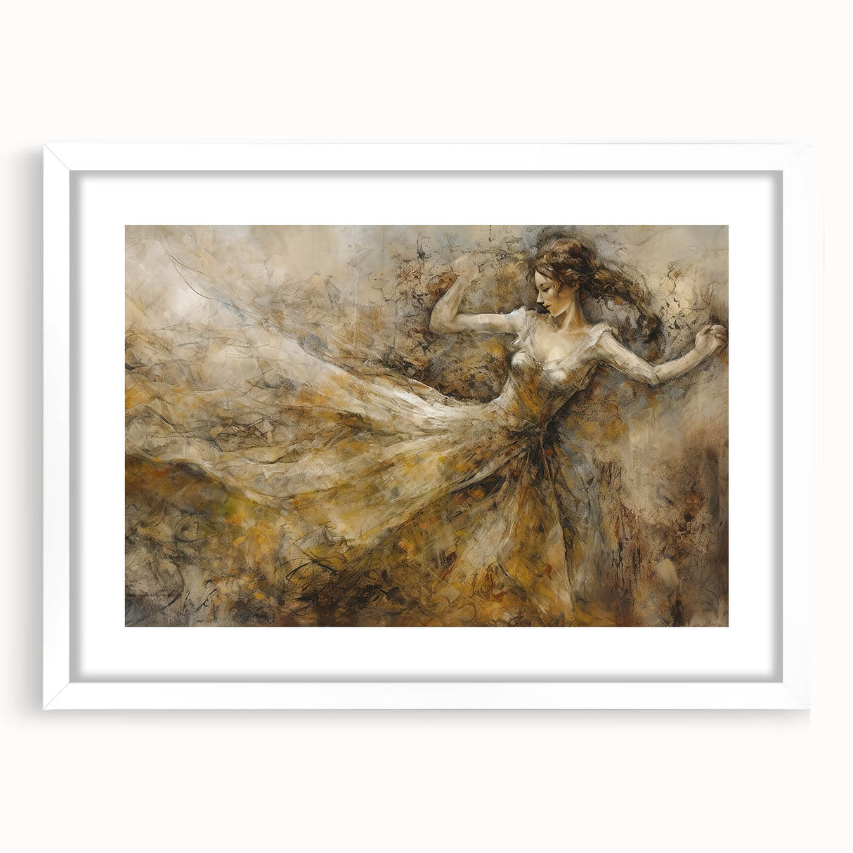 Abstract figurative wall art design showcasing vibrant colors and dynamic shapes, elegantly framed with a white mat for a modern touch.