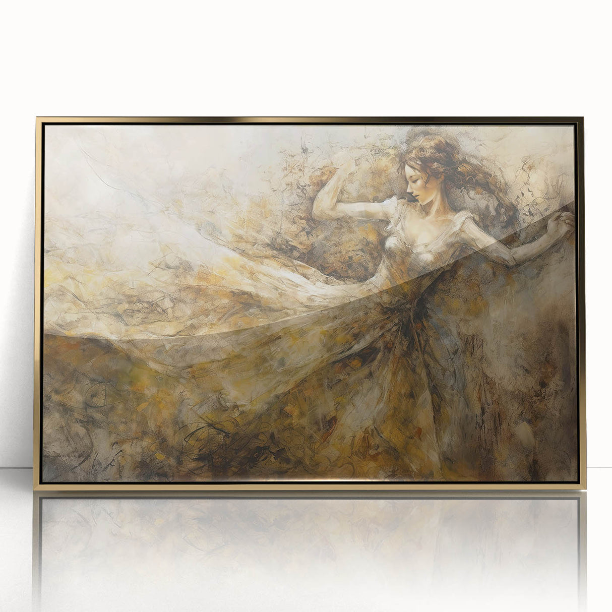 Framed abstract figurative wall art design showcasing a striking gold acrylic finish, perfect for modern home decor, emphasizing elegance and style.