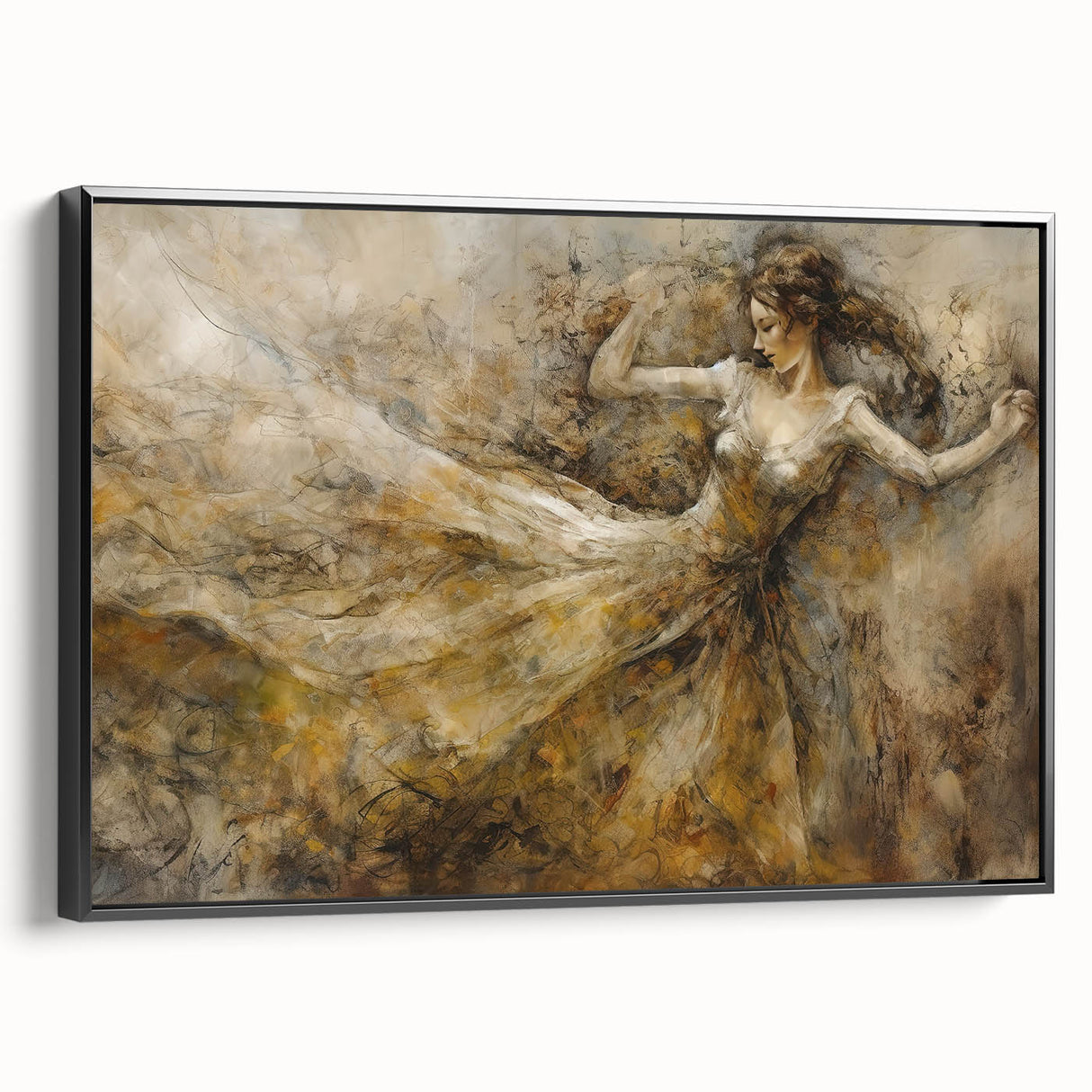 Framed abstract figurative wall art showcasing a vibrant design with bold colors and intricate shapes, presented in a sleek black frame.