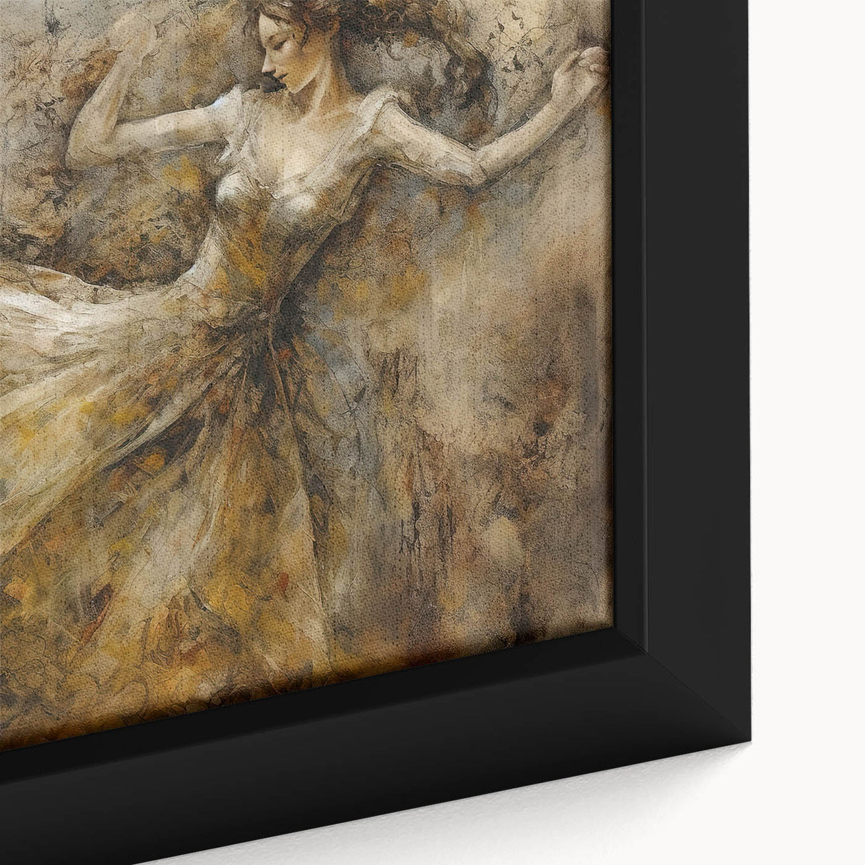 Close-up of a framed abstract figurative wall art piece showcasing vibrant colors and dynamic shapes, ideal for modern decor.