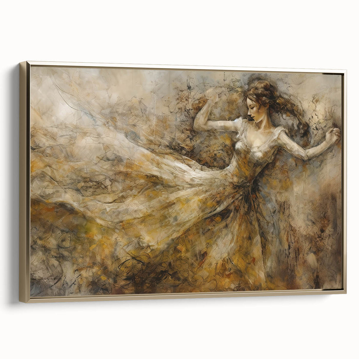 Framed abstract figurative wall art design with gold accents, showcasing a modern aesthetic in a sleek side view against a neutral background.