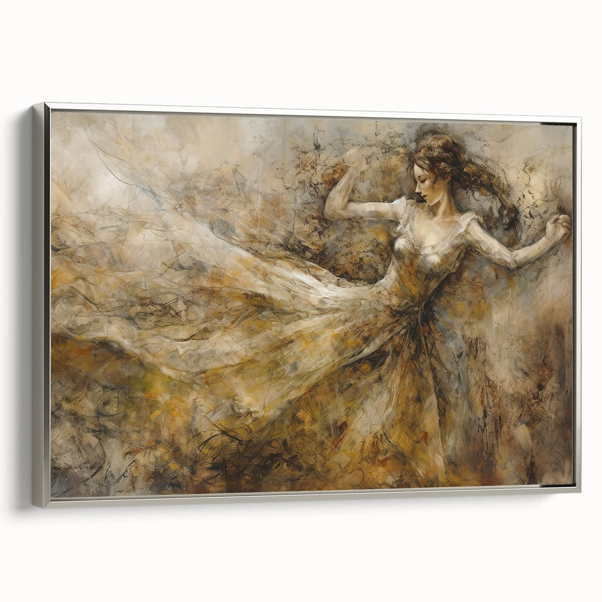 Framed abstract figurative wall art in a silver frame, showcasing a modern design with vibrant colors, perfect for contemporary decor.