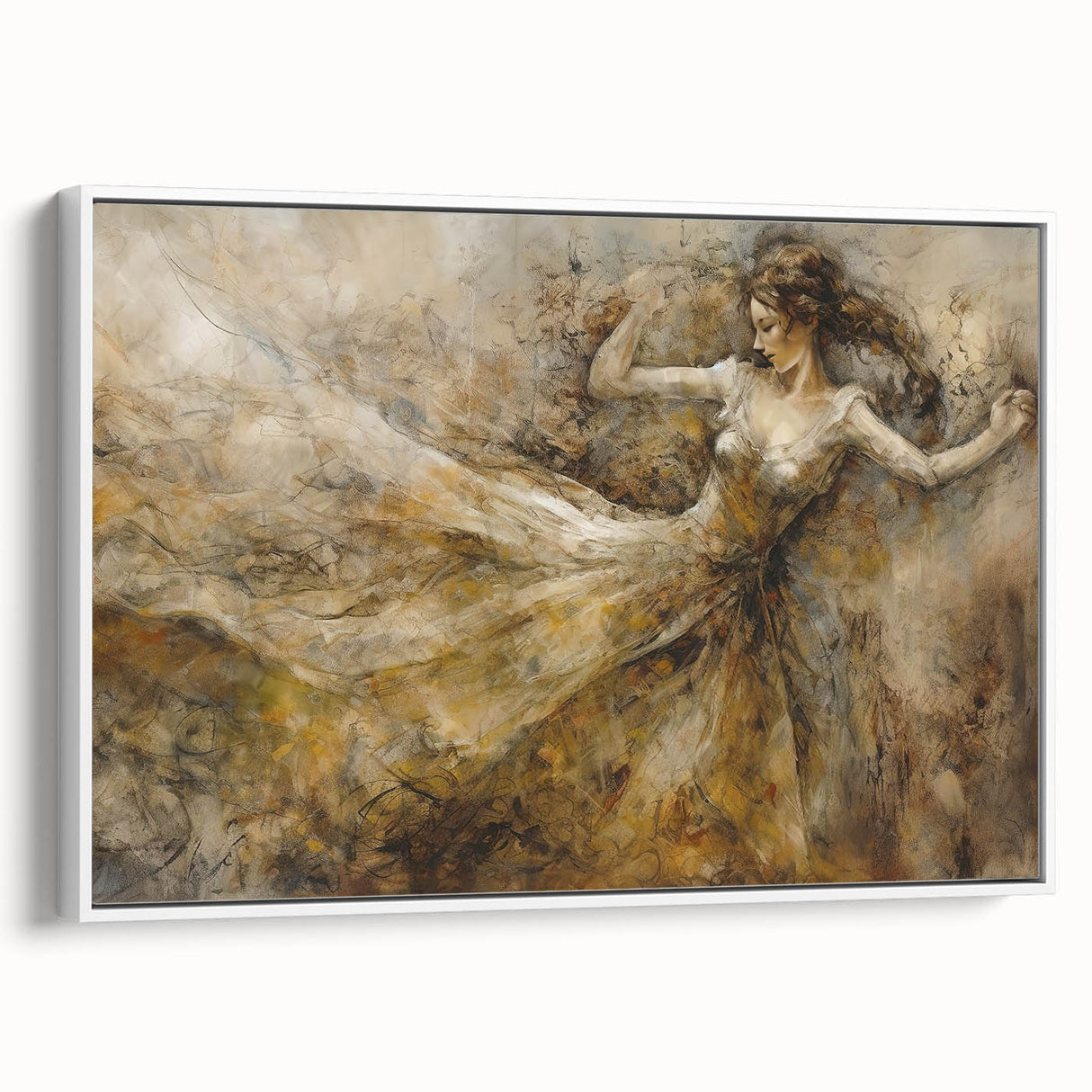 Framed abstract figurative wall art in a white frame, showcasing vibrant colors and dynamic shapes, perfect for modern decor.