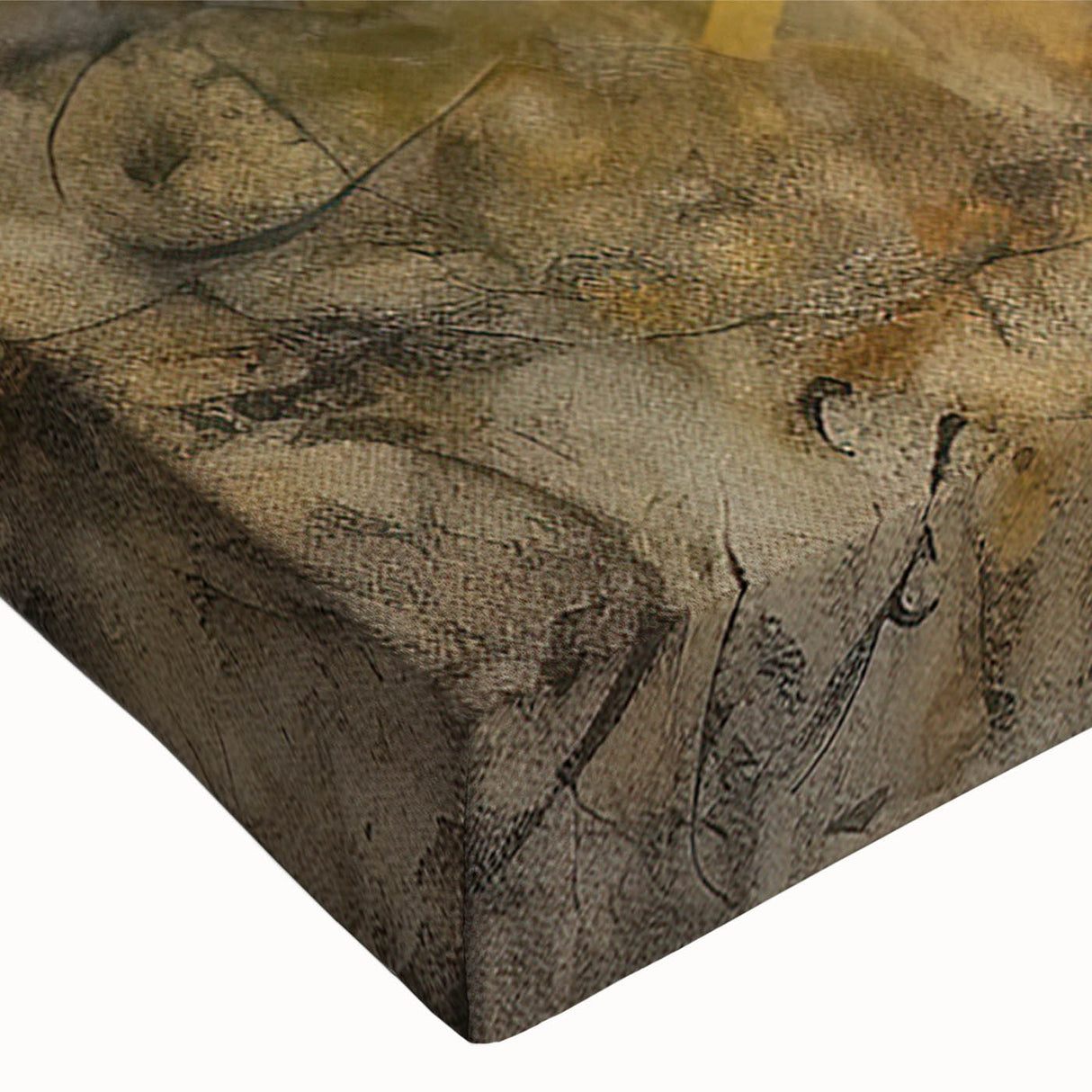 Close-up of a stretched canvas featuring an abstract figurative design in vibrant colors, showcasing dynamic shapes and textures ideal for modern home decor.