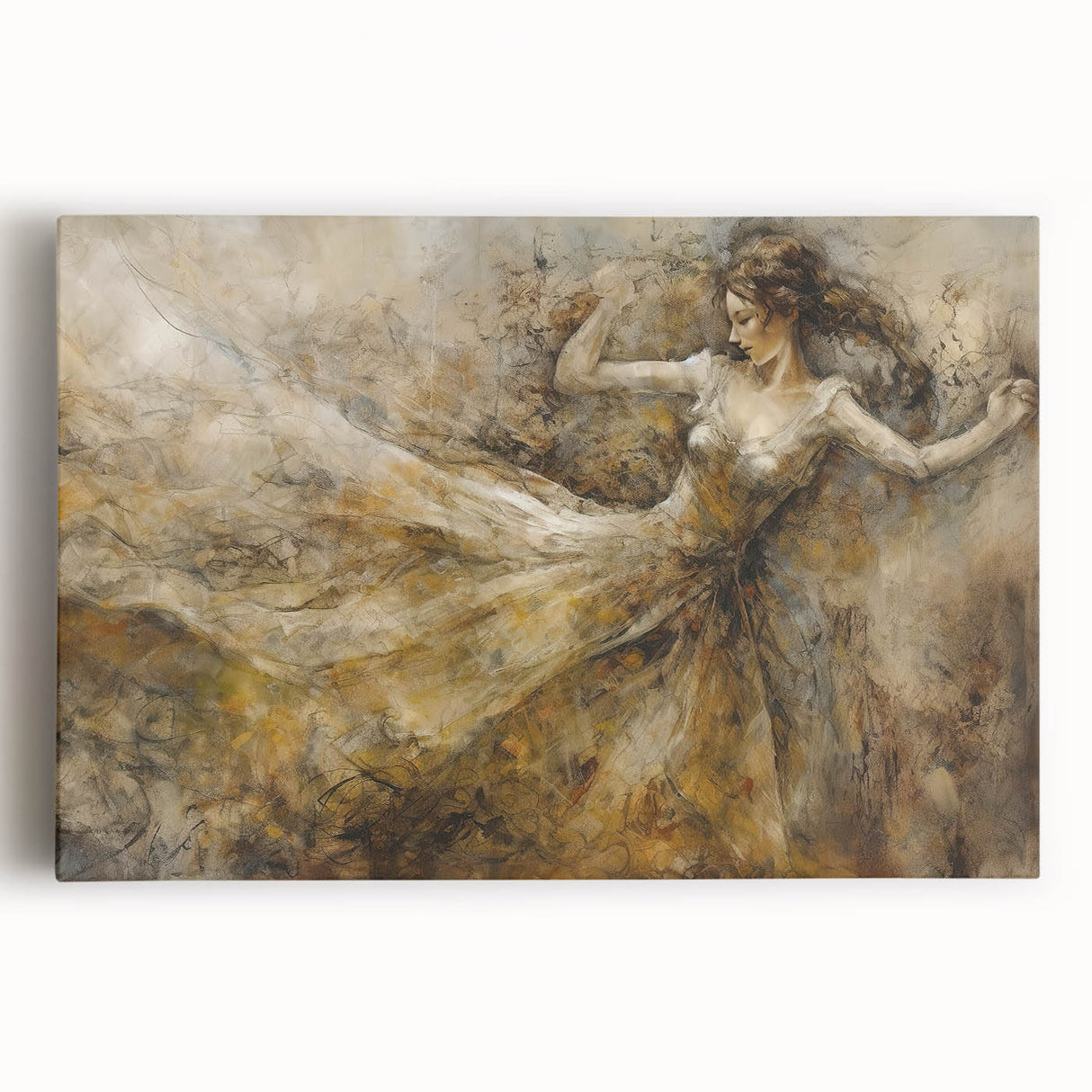 Abstract figurative wall art design featuring vibrant colors and dynamic shapes on stretched canvas, perfect for modern home decor.
