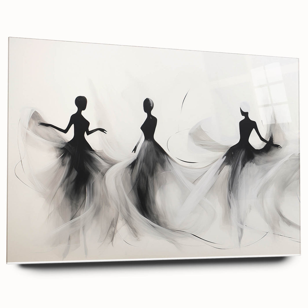 Abstract figurative wall art collection displayed on acrylic glass, showcasing vibrant colors and dynamic shapes, ideal for modern decor.