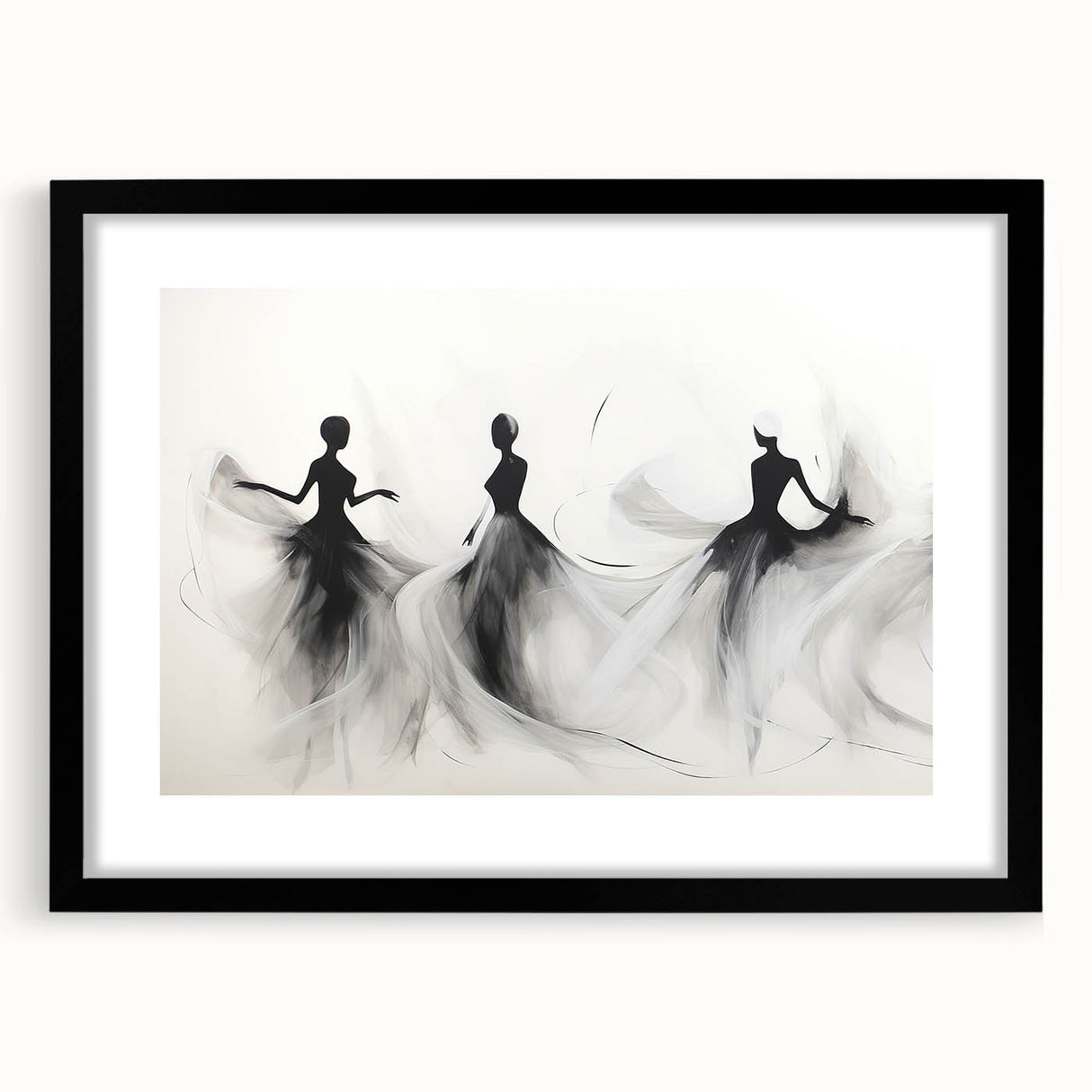 Framed abstract figurative wall art design showcasing bold colors and shapes, featuring a black frame with a mat for a modern aesthetic.